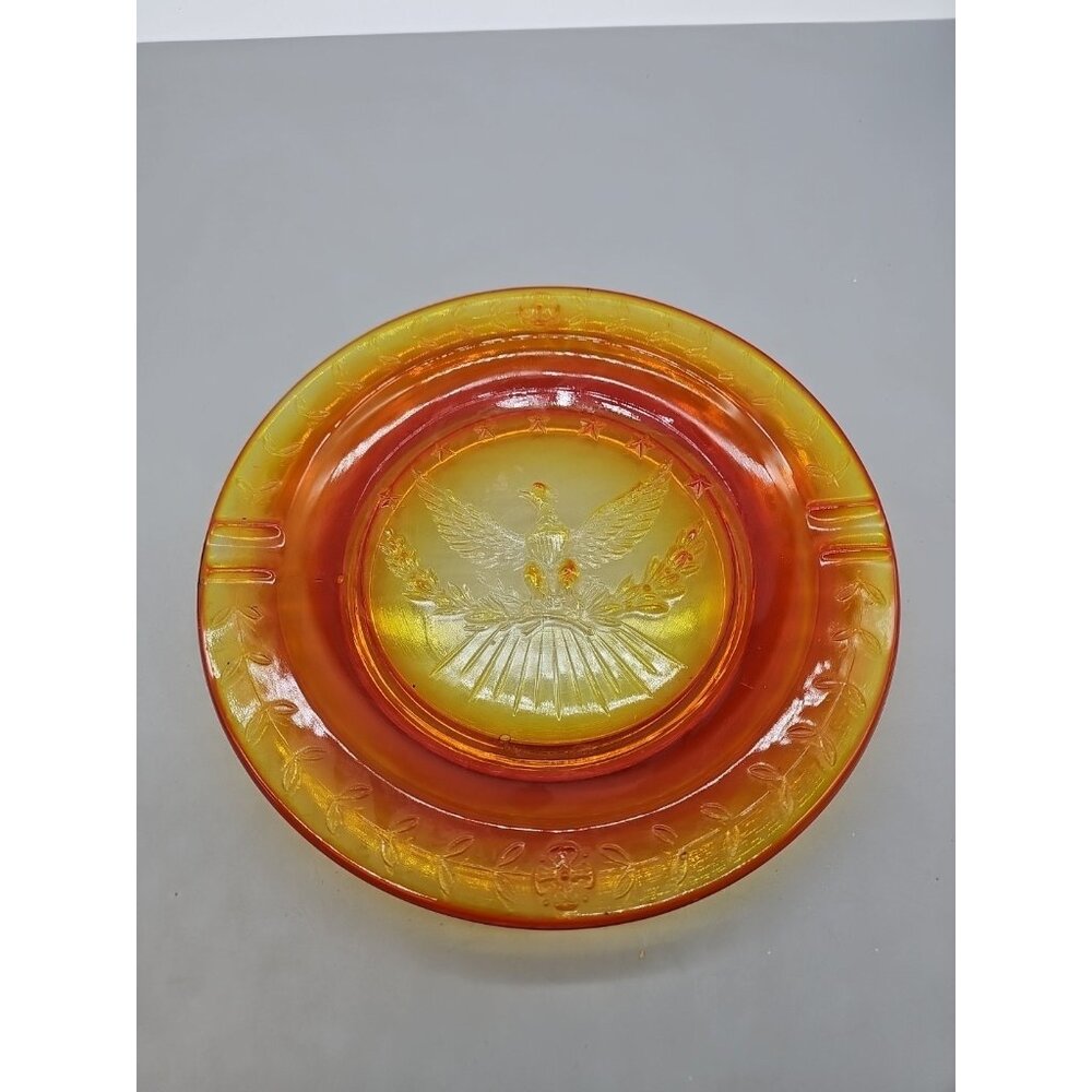 Antique LE Smith Red Amberlina Patriotic Art Glass Ashtray 9”